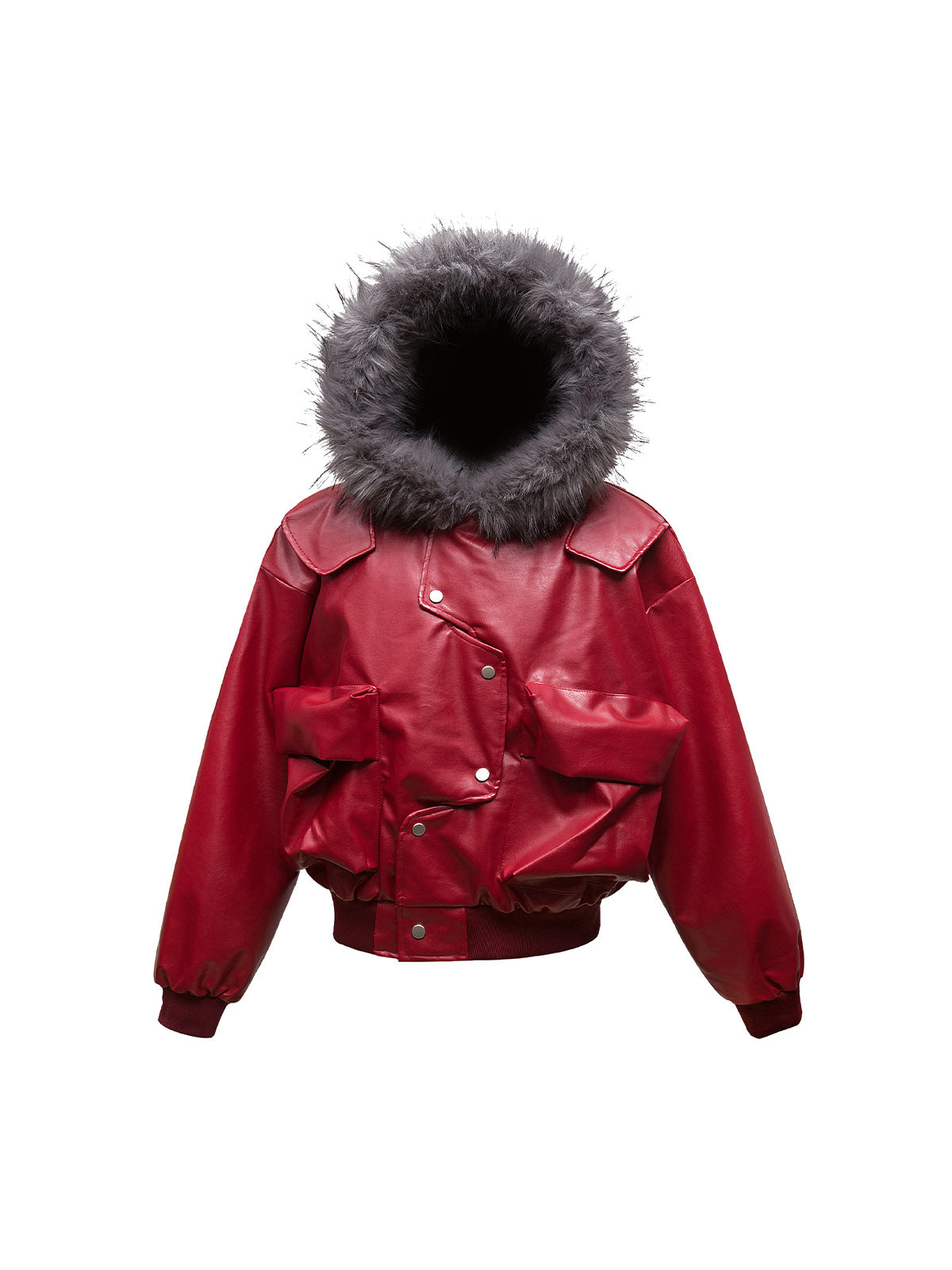 Deconstructed Multi Pocket Fur Hooded PU Leather Jacket