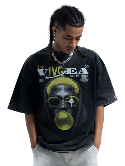 Street Retro Washed Creative Print T-shirt