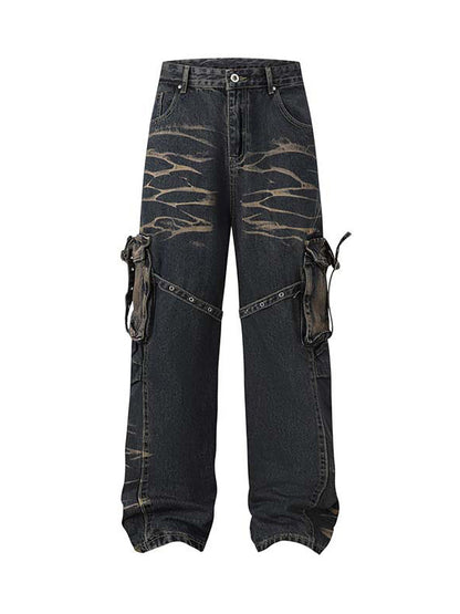 Jean cargo multi-poches délavé vintage vieilli
