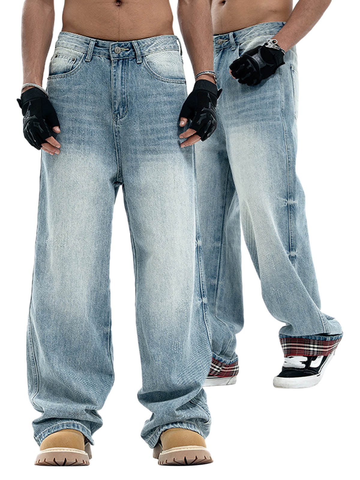 Vintage Washed Plaid Baggy Jeans