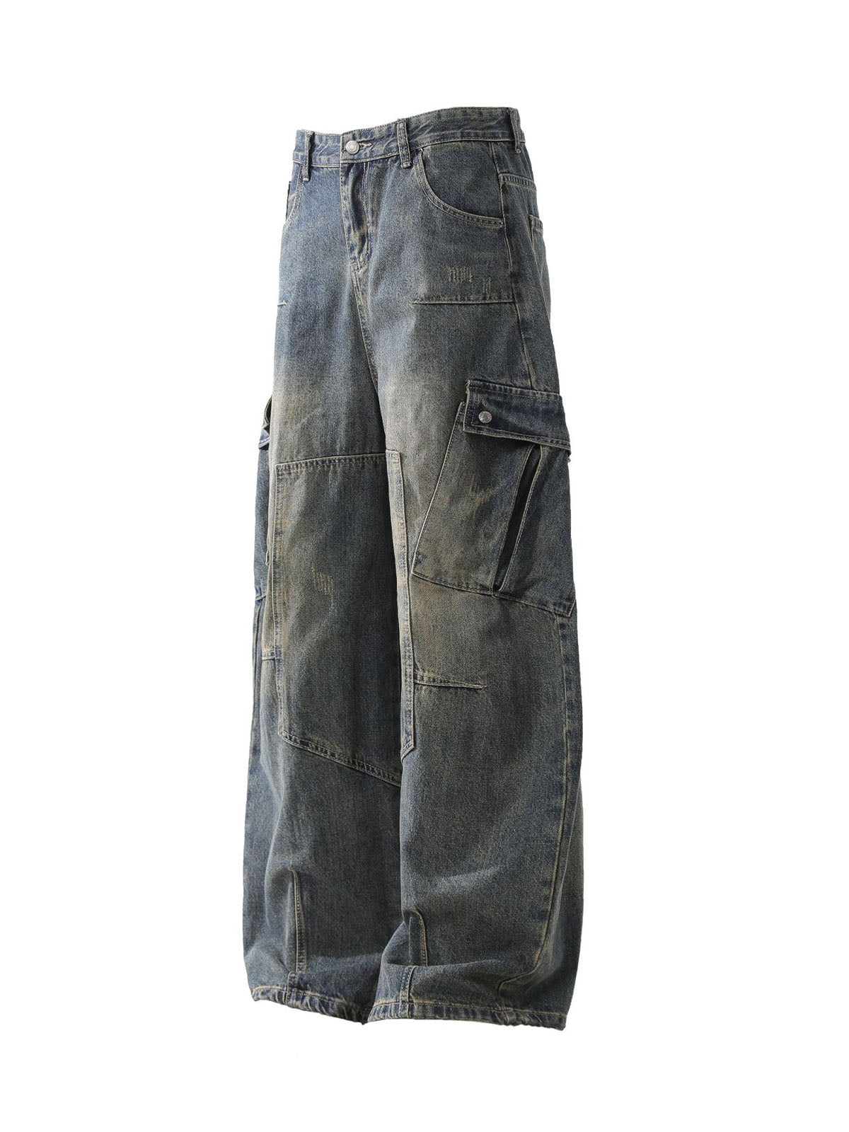 Washed Multi-Pocket Baggy Barrel Cargo Jeans