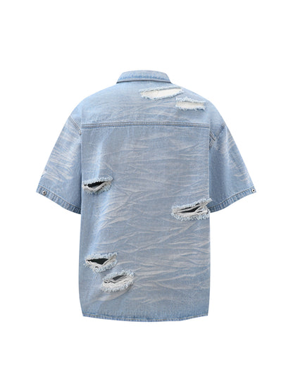 Distressed Washed Distressed Denim Shirt & Jorts Set