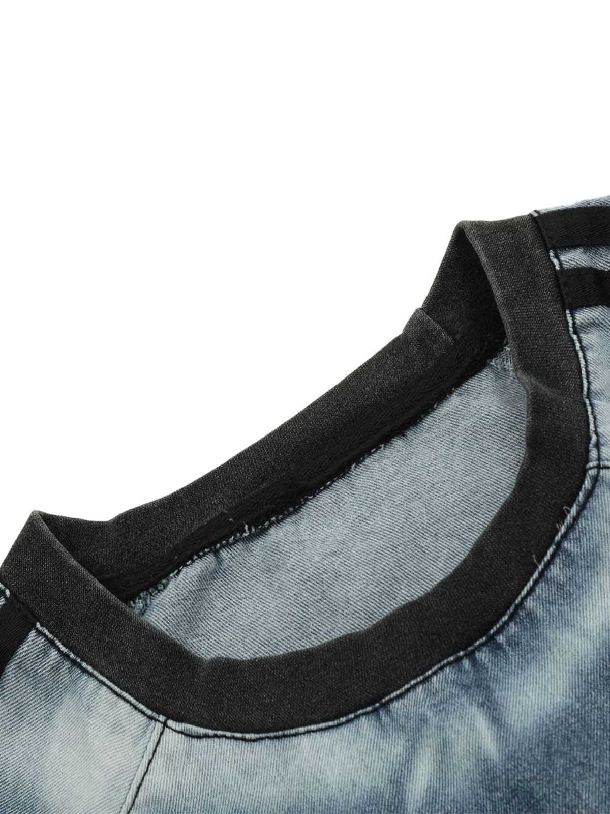 Retro Letter Embroidery Contrast Denim T-shirt