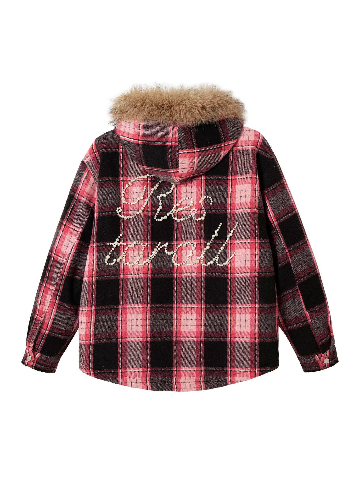 Thesupermade – Gepolsterte, karierte Jacke mit Perlen und Pelzkragen