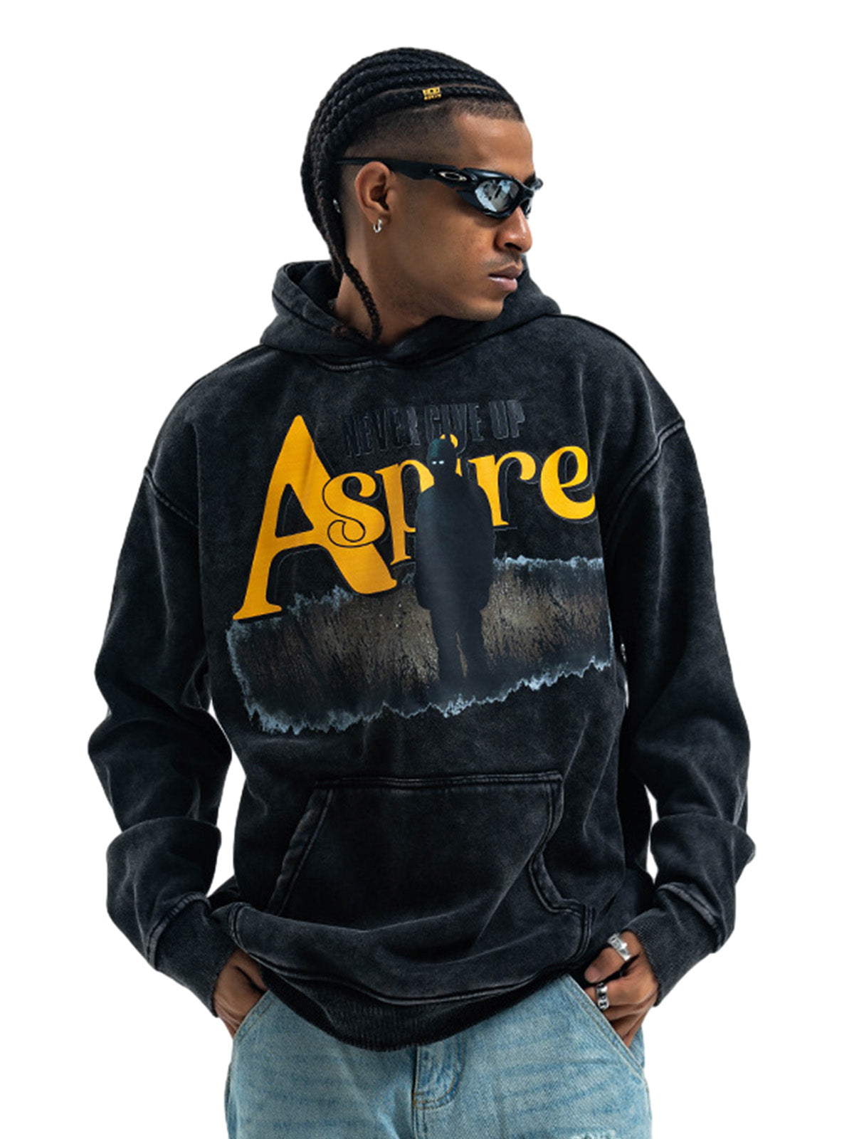 Schwerer, gewaschener Fleece-Hoodie mit Buchstaben-Portrait-Print