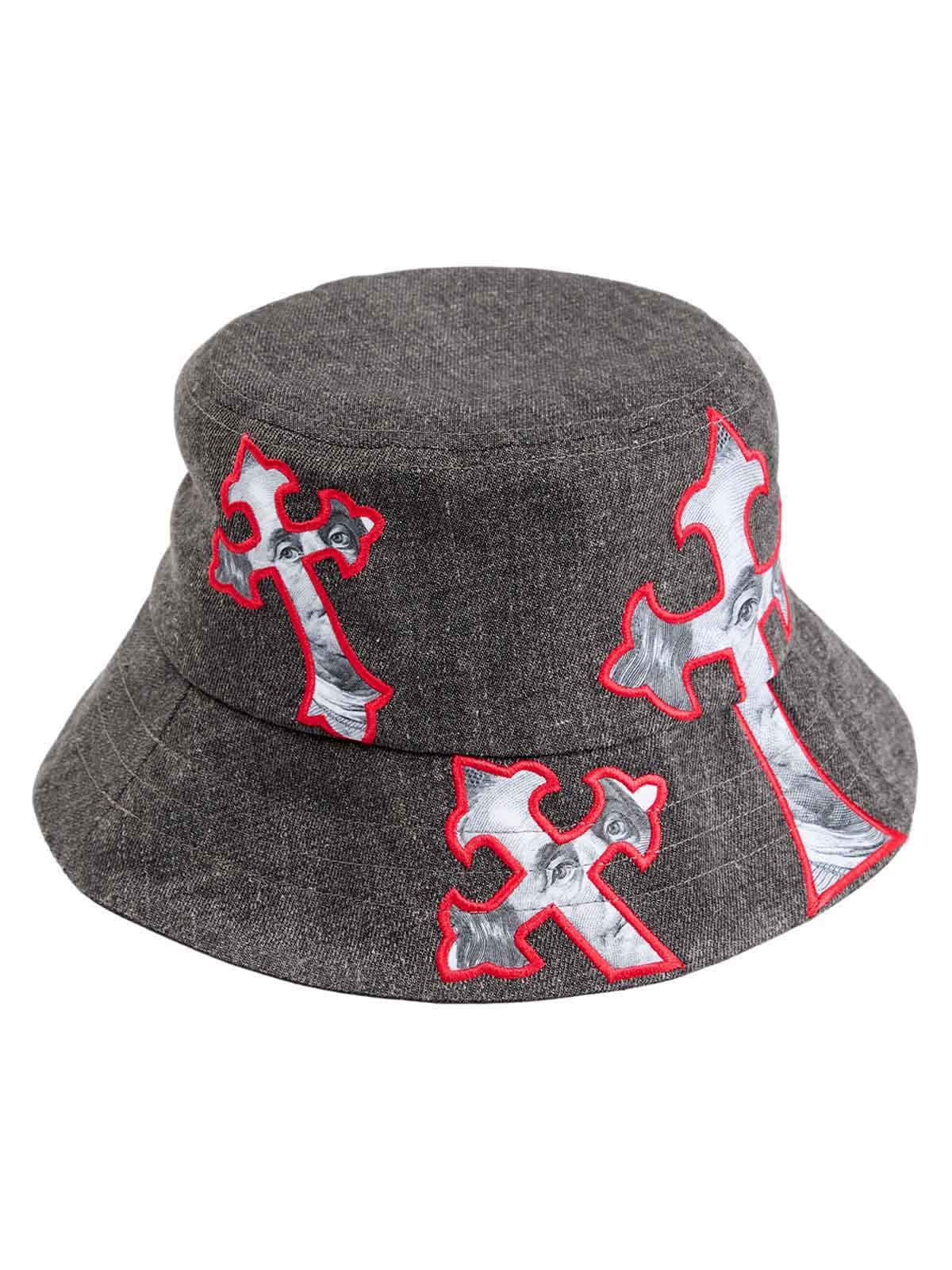 Denim-Fischerhut mit Kreuz und Porträt
