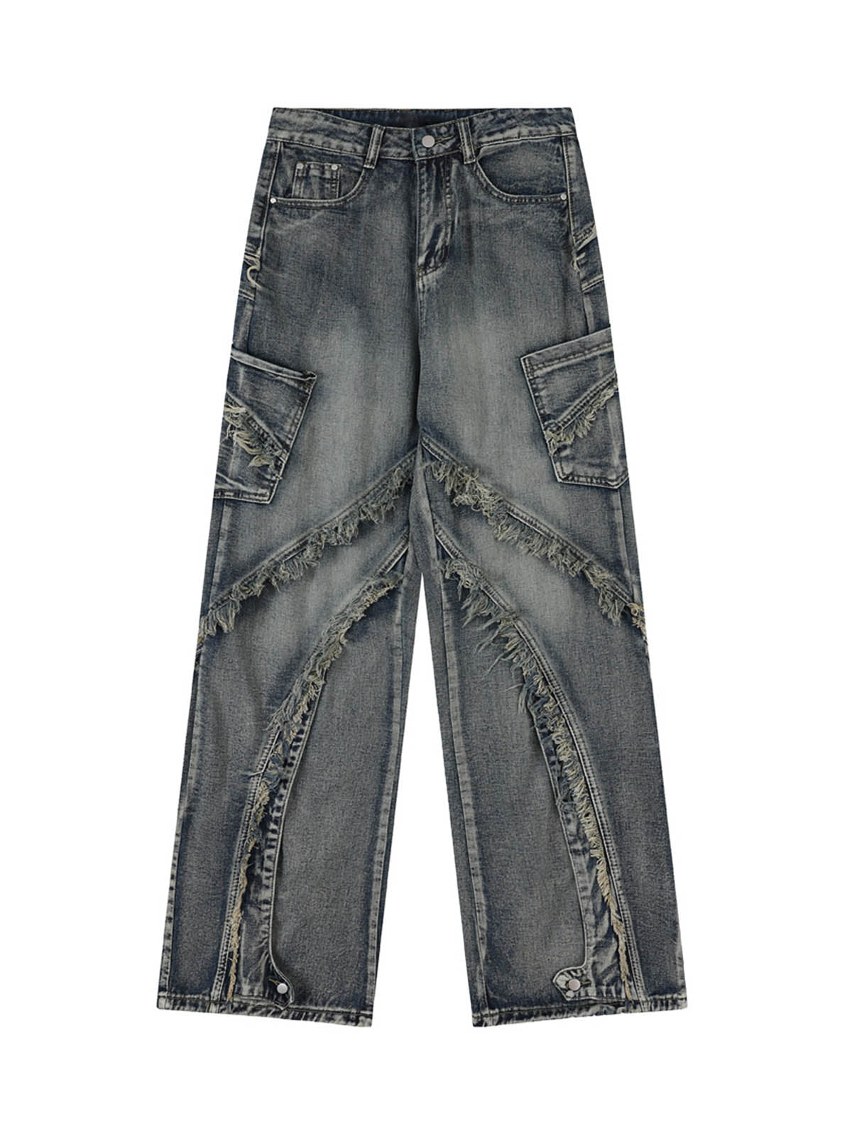 Thesupermade Washed Side Pocket Raw Edge Baggy Jeans