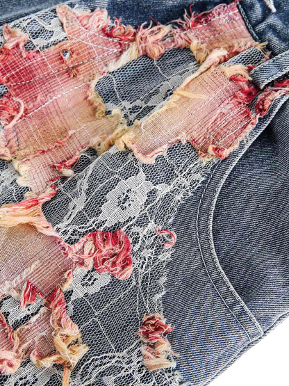Short en jean déchiré à fleurs, style artisanal, Thesupermade - 2135