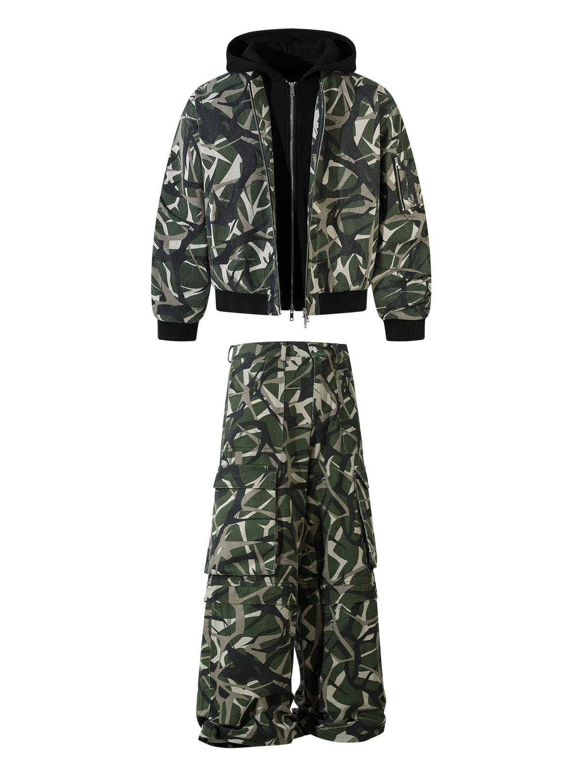Thesupermade Camouflage Faux Zweiteiliger Trainingsanzug mit Kapuze und Fleecejacke – 2331