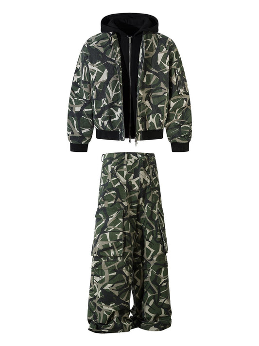 Thesupermade Camouflage Faux Zweiteiliger Trainingsanzug mit Kapuze und Fleecejacke – 2331