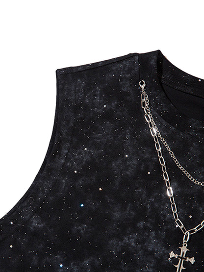 Retro Rhinestone Cross Chain Vest