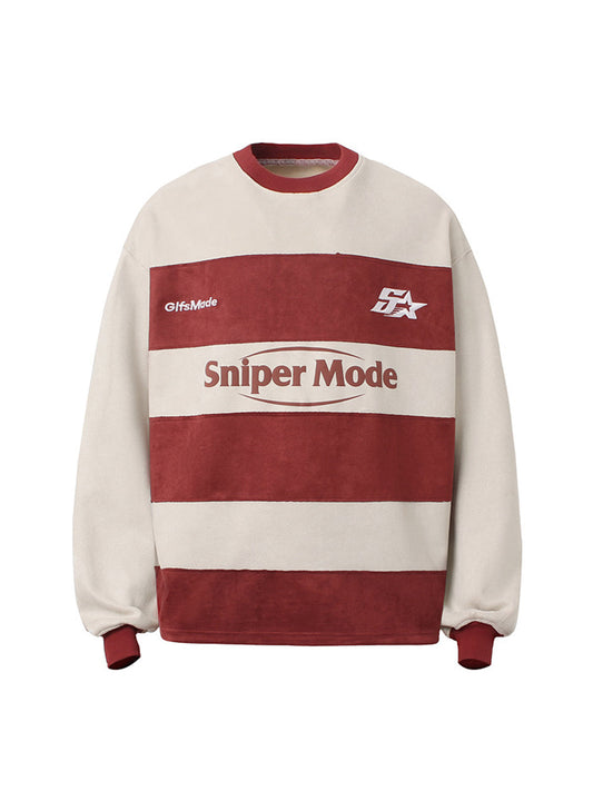 Suede Contrast Stripe Embroidered Long SleeveT-shirt