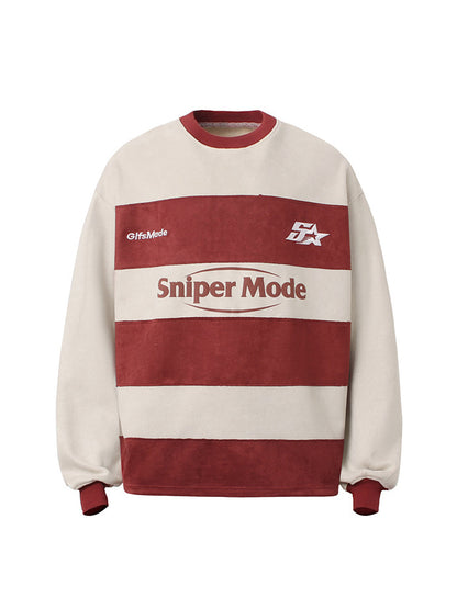 Suede Contrast Stripe Embroidered Long SleeveT-shirt