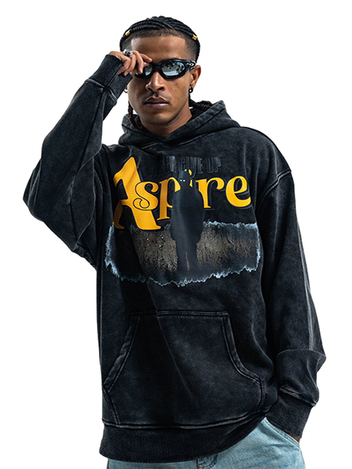 Schwerer, gewaschener Fleece-Hoodie mit Buchstaben-Portrait-Print