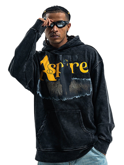Schwerer, gewaschener Fleece-Hoodie mit Buchstaben-Portrait-Print