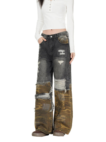 Distressed Camouflage Patchwork Jeans