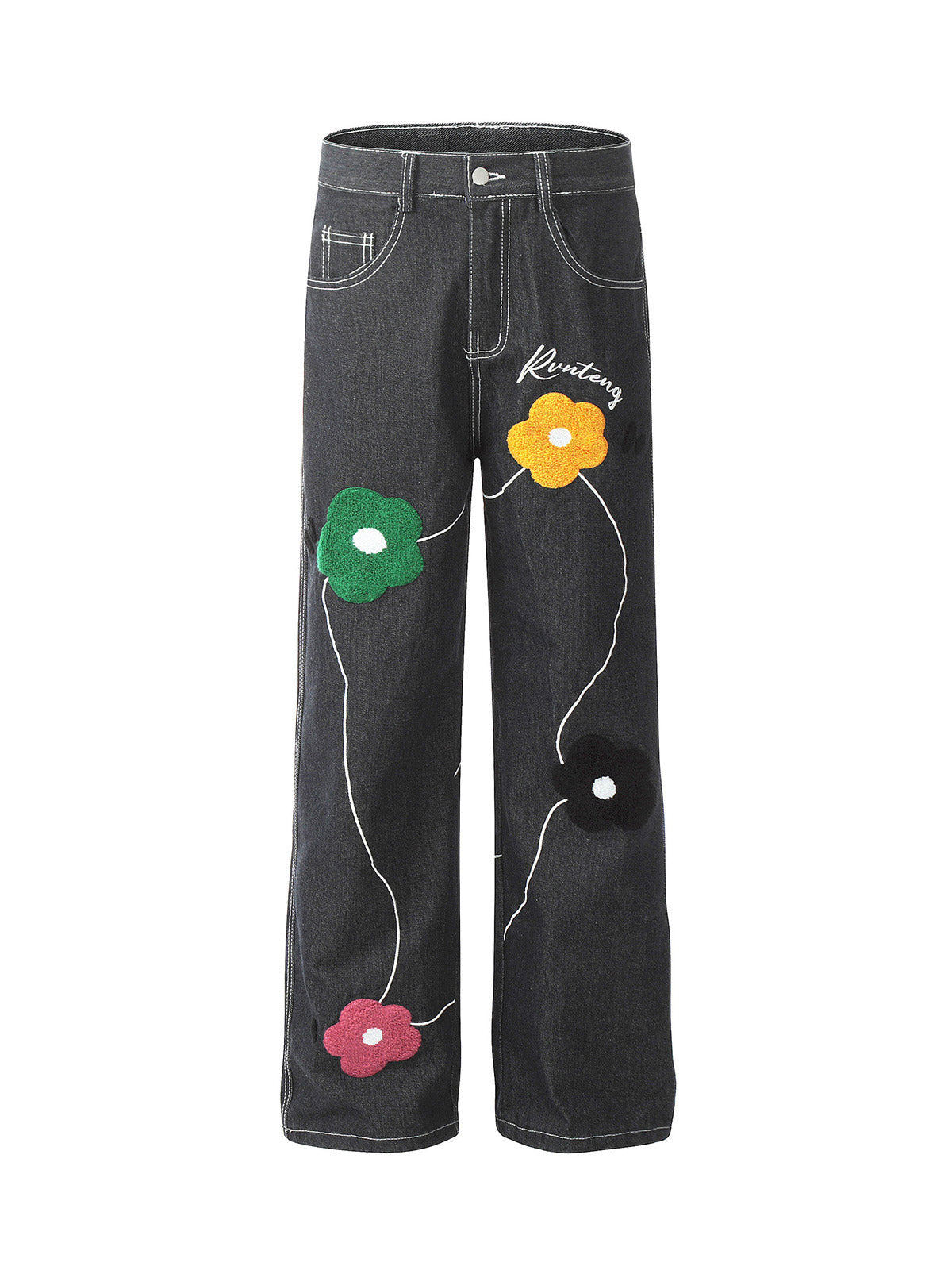 Thesupermade Vintage Floral Embroidery Washed Straight Leg Jeans - 2252