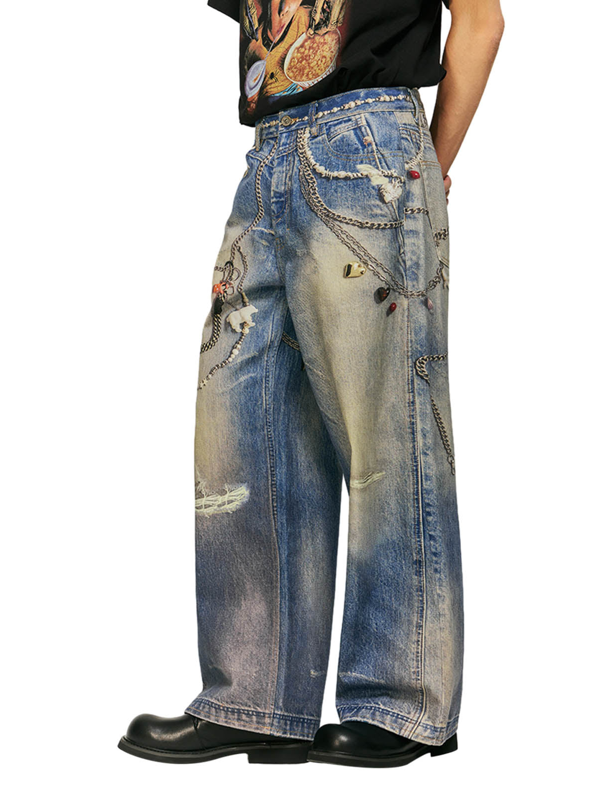 Washed Keychain Printed Baggy Jeans