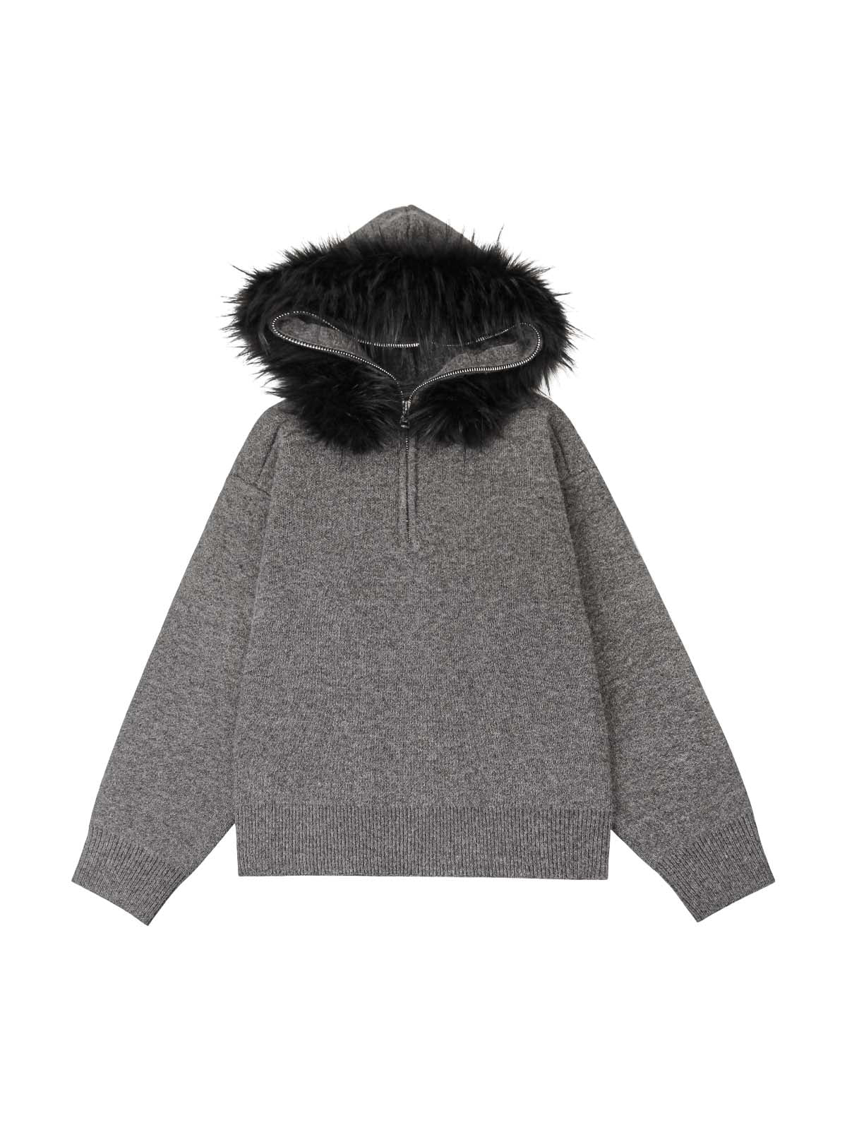 Thesupermade Detachable Fur Collar Quarter Zipper Hooded Sweater