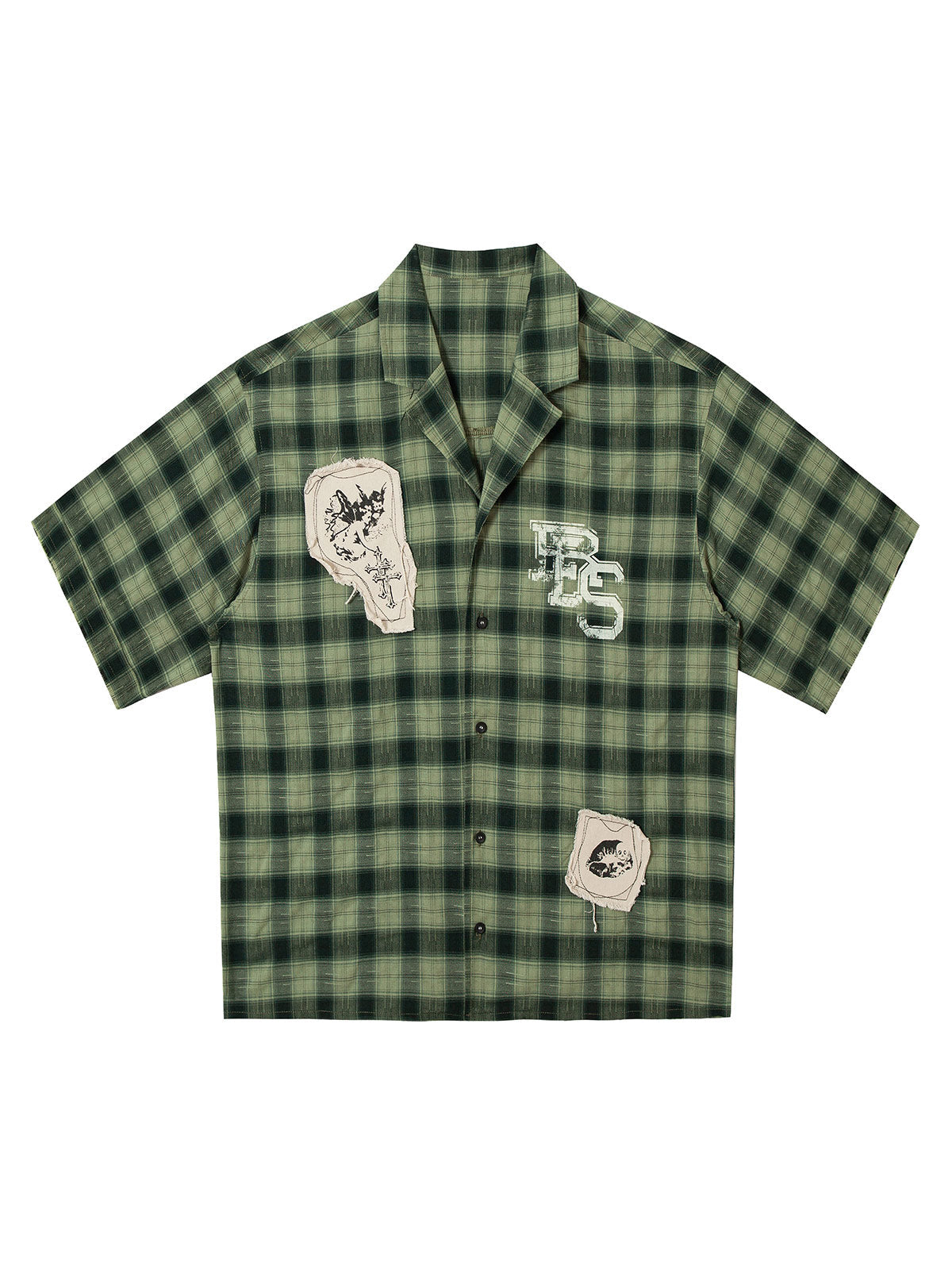 Plaid Applique Printed Short Sleeve Shirt