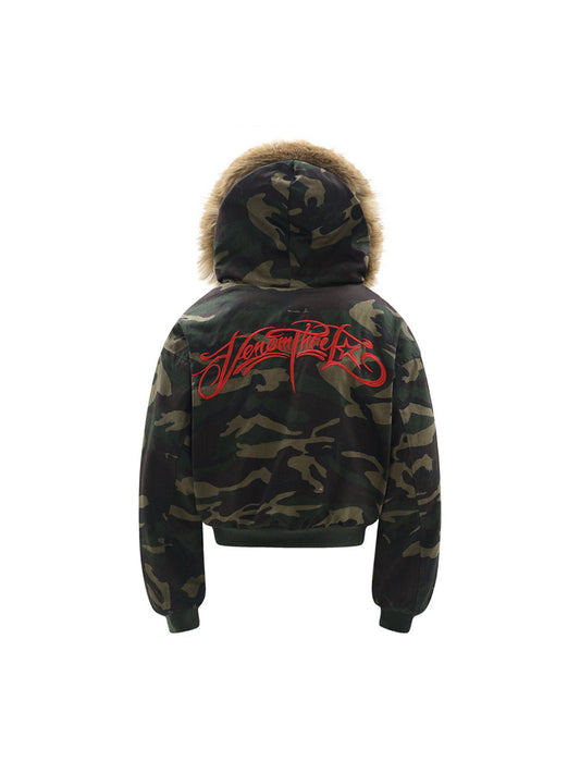 Embroidered Detachable Fur Hooded Jacket