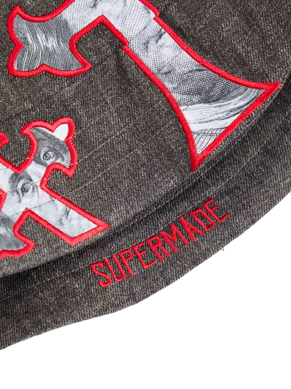 Denim-Fischerhut mit Kreuz und Porträt