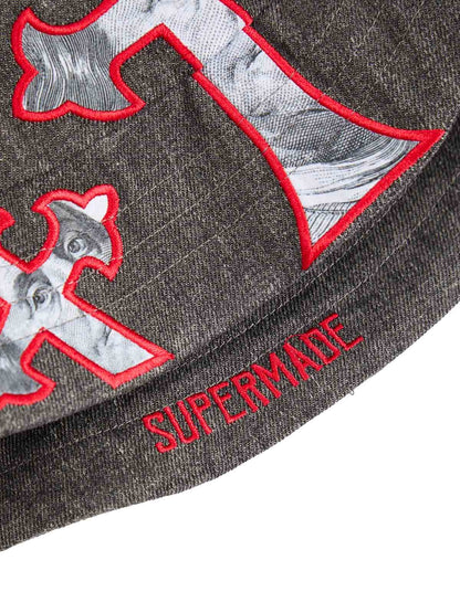 Denim-Fischerhut mit Kreuz und Porträt