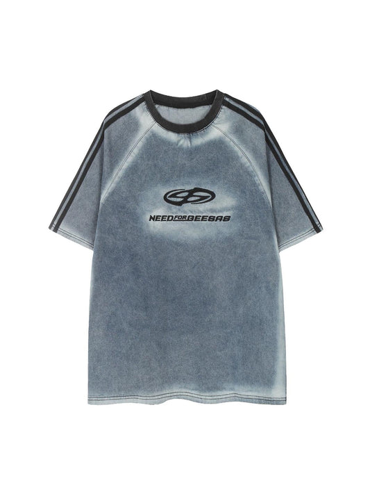 Retro Letter Embroidery Contrast Denim T-shirt