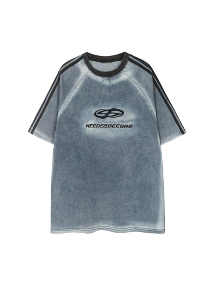 Retro Letter Embroidery Contrast Denim T-shirt