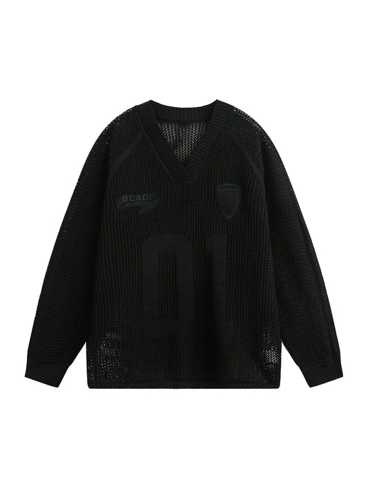 Pull vintage déchiré à manches longues et col en V en jersey tricoté