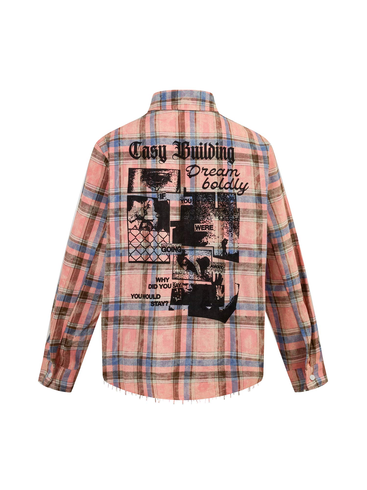 Thesupermade Lettering Print Raw Edge Plaid Shirt