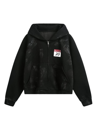 Distressed Calendar Patchwork Cardigan Hoodie