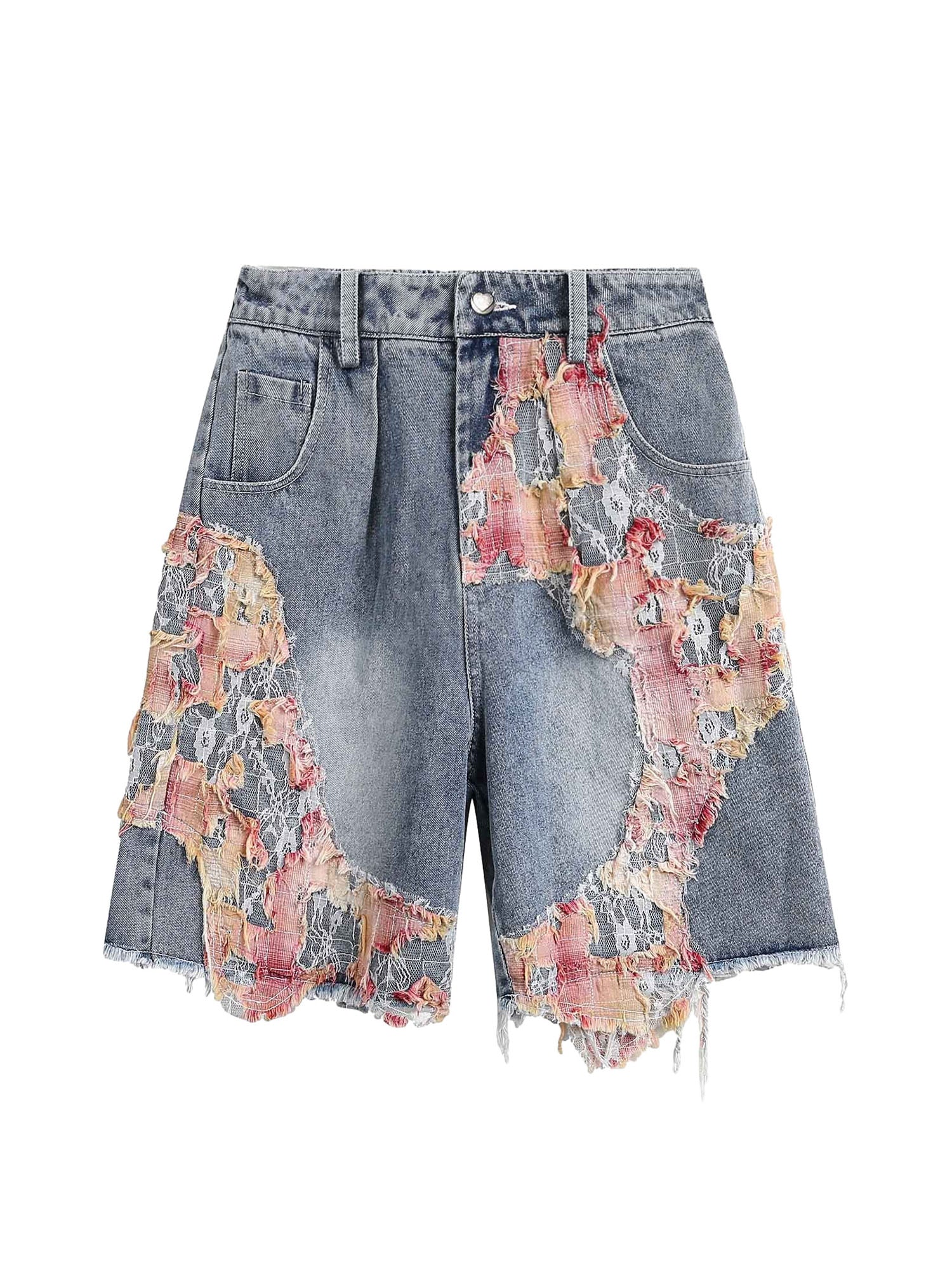 Short en jean déchiré à fleurs, style artisanal, Thesupermade - 2135
