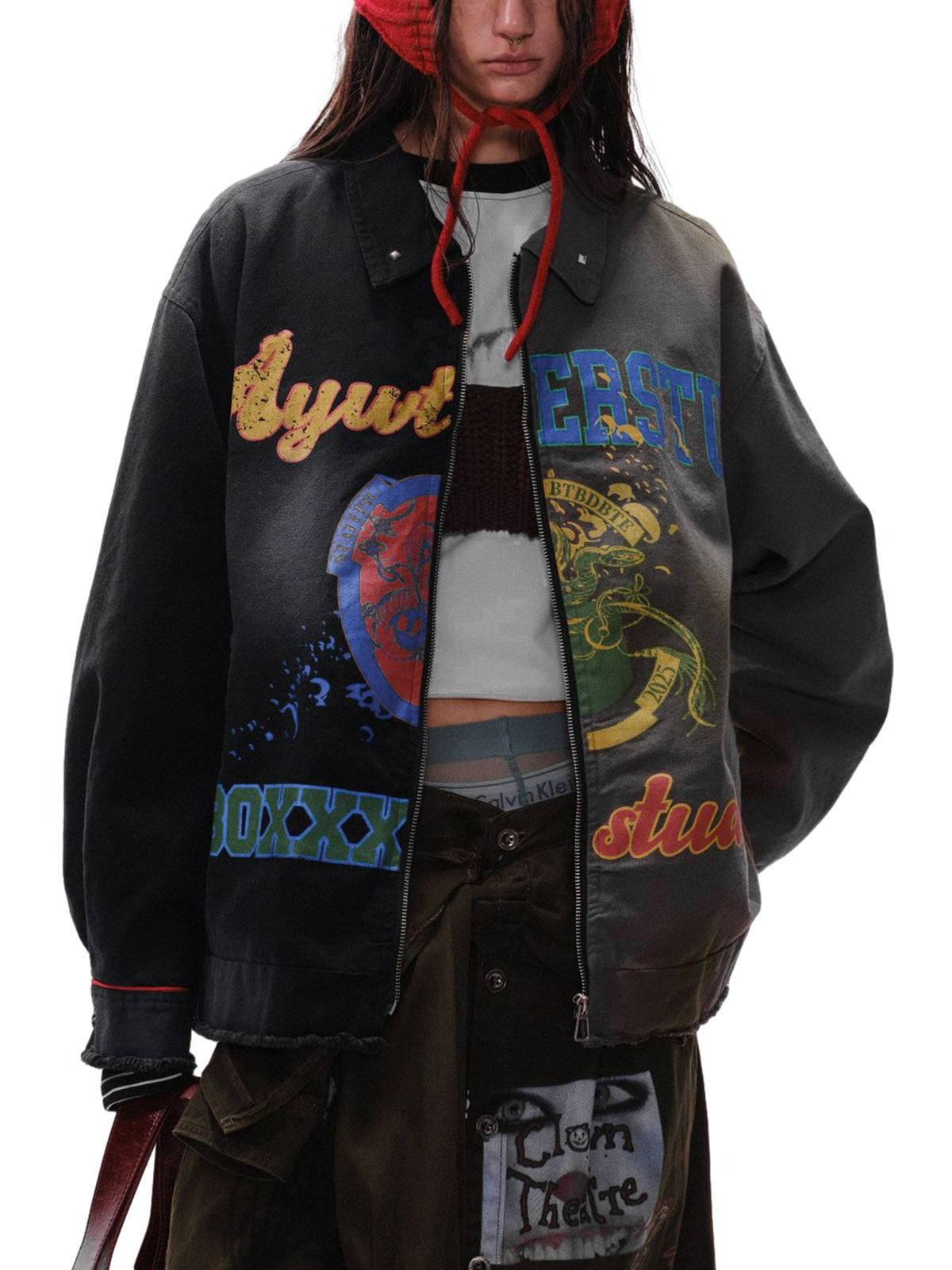 Contrast Color Spliced Graffiti Zip Up Jacket