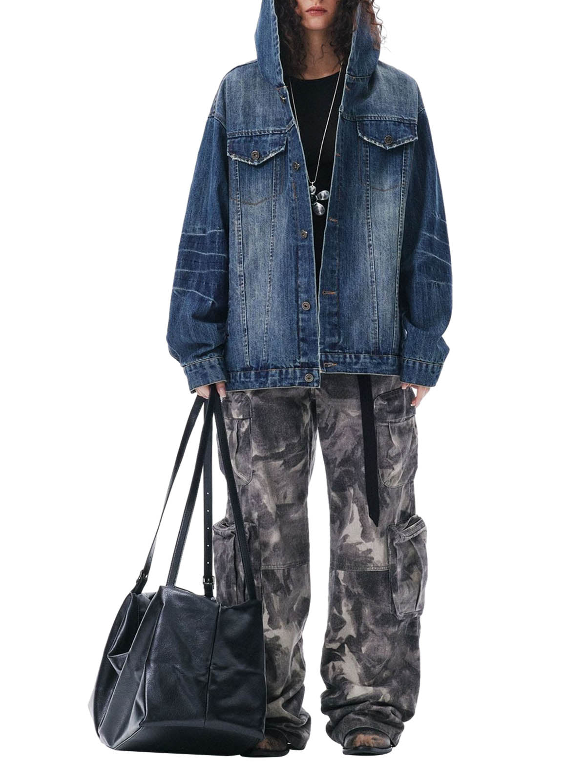 Veste à capuche en jean délavé style rétro