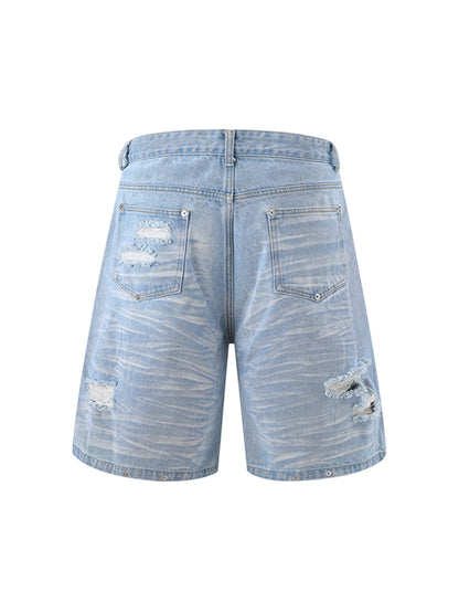 Distressed Washed Distressed Denim Shirt & Jorts Set