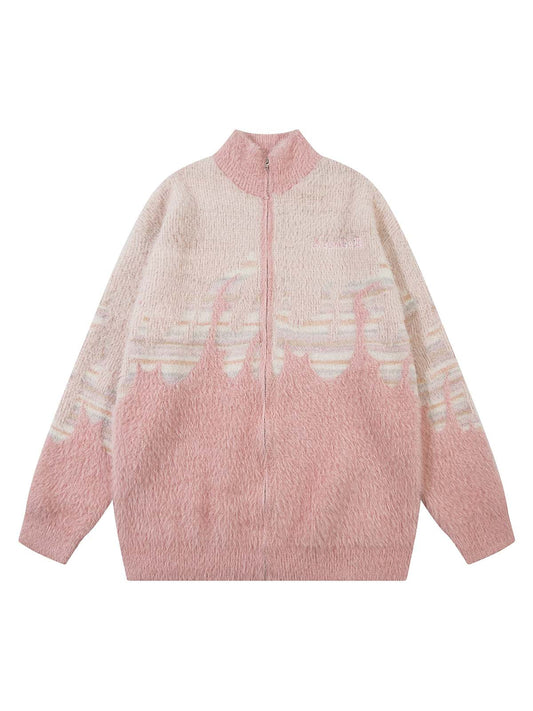Pull zippé duveteux brodé de flammes Supermade