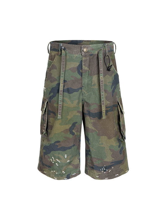 Washed Destroyed Camouflage Drawstring Cargo Shorts