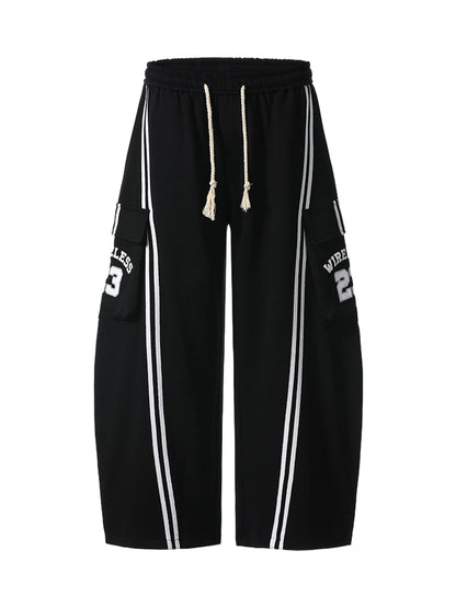 Web Stitching Letter Print Drawstring Barrel Pants