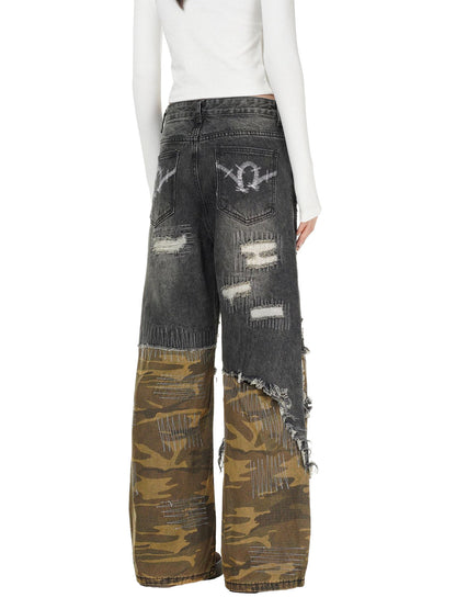 Distressed Camouflage Patchwork Jeans