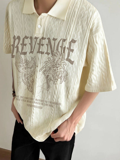 Retro Letter Print Lapel Short Sleeve Polo Shirt