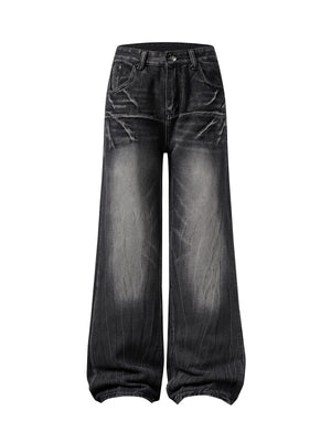Washed Distressed Straight Jeans