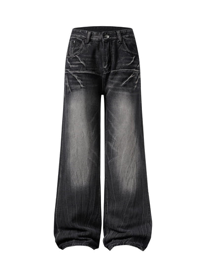 Washed Distressed Straight Jeans