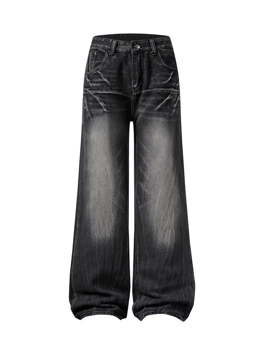 Washed Distressed Straight Jeans