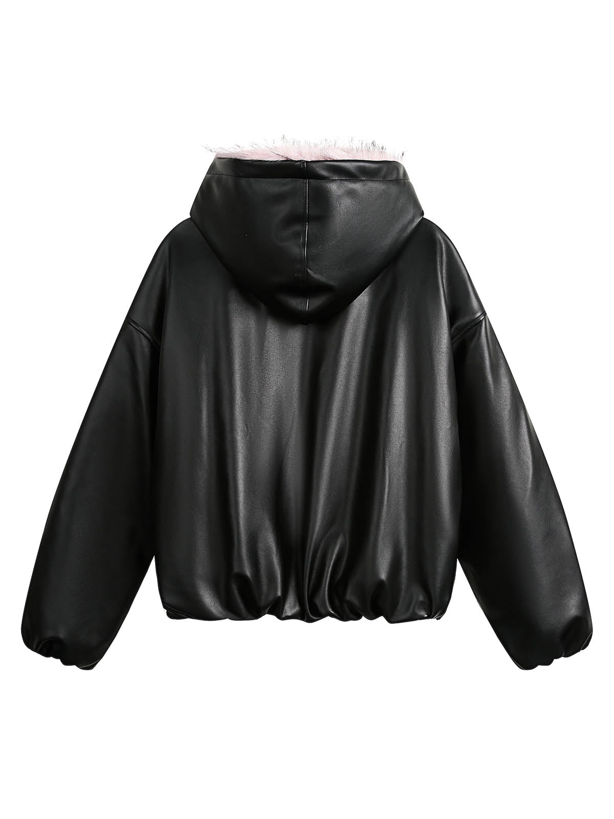 Gesteppte Lederjacke mit rosa Fellkapuze