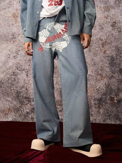 Jean baggy original à imprimé gestuel