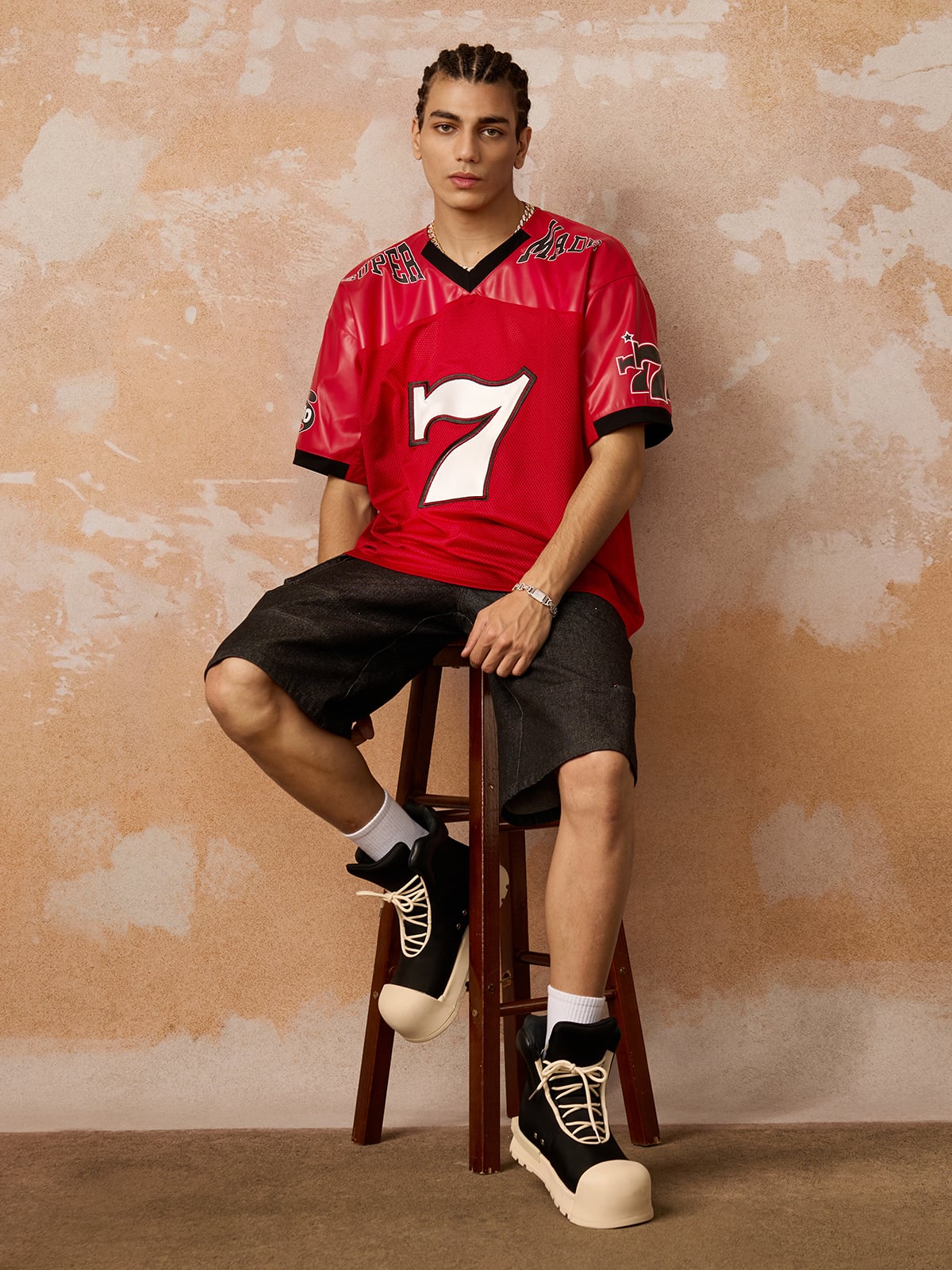 Original "SUPER 7" V-Ausschnitt Jersey T-SHIRT