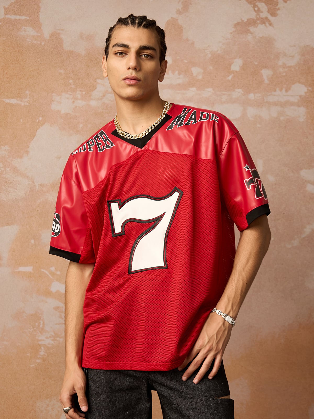 Original "SUPER 7" V-Ausschnitt Jersey T-SHIRT