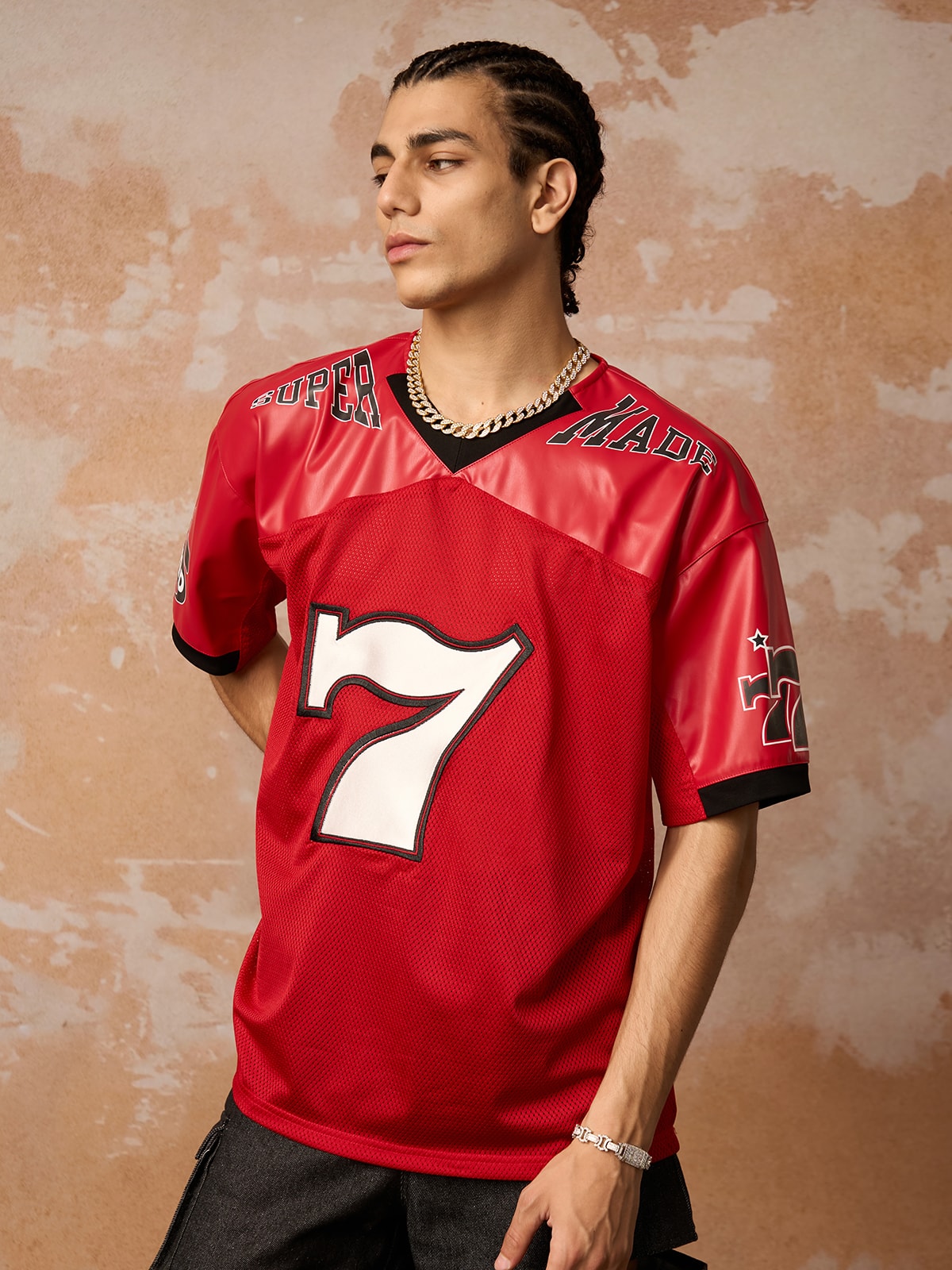 Original "SUPER 7" V-Ausschnitt Jersey T-SHIRT