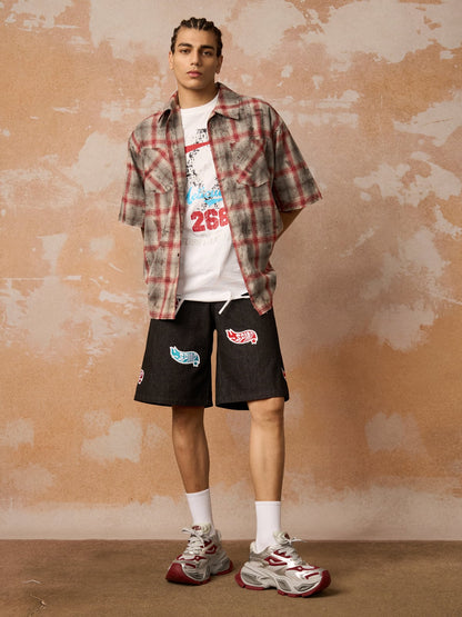 Distressed Patch Plaid Short-Sleeve Shirt